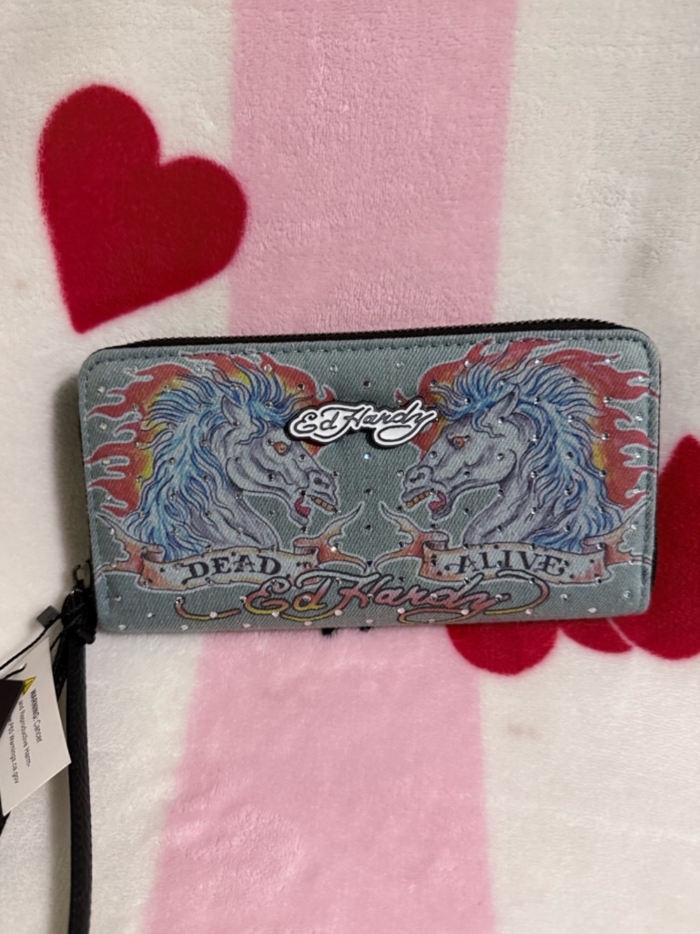 NWT Ed Hardy Pale Blue Dead or Alive Zip Wallet with Mirrored Unicorns